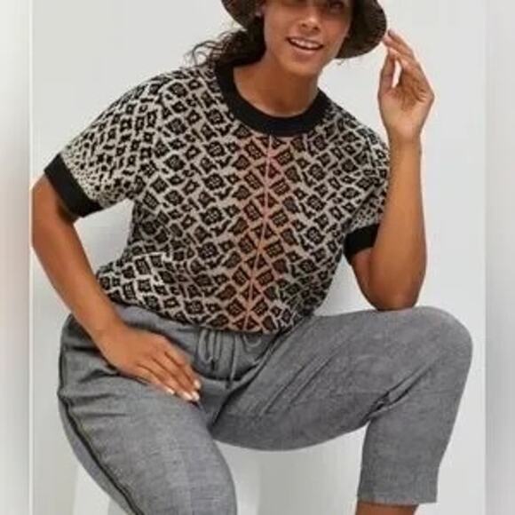 Anthropologie Maeve Ellinor Short Sleeve Leopard Sweater Brown Black XL - Picture 1 of 9
